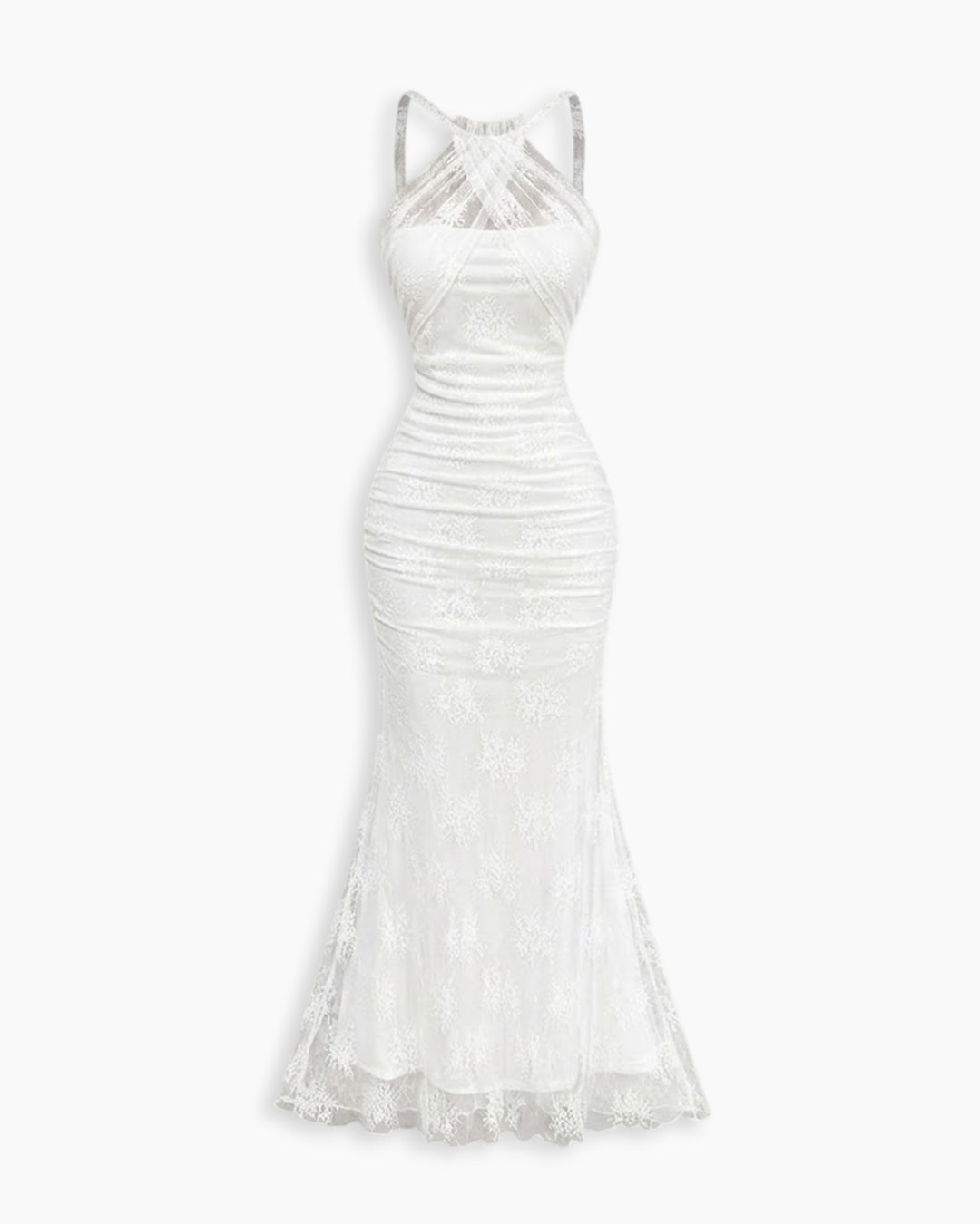 Halter Neck Ruched Mermaid Maxi Dress in Classic White