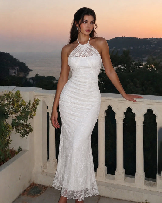 Bonus Cloth's Halter Neck Ruched Mermaid Maxi Dress in Classic White