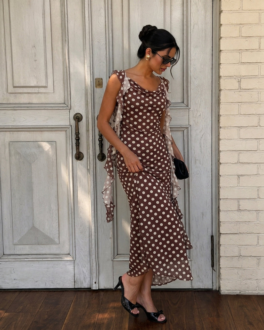 Polka Dot Cowl Neck Ruffle Strap Maxi Dress in Chocolate Brown