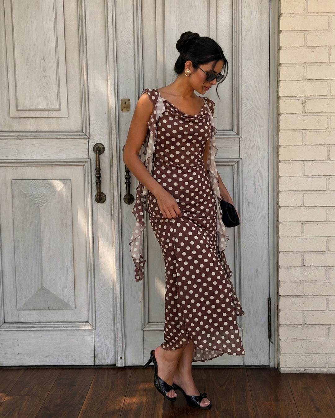 Polka Dot Cowl Neck Ruffle Strap Maxi Dress in Chocolate Brown