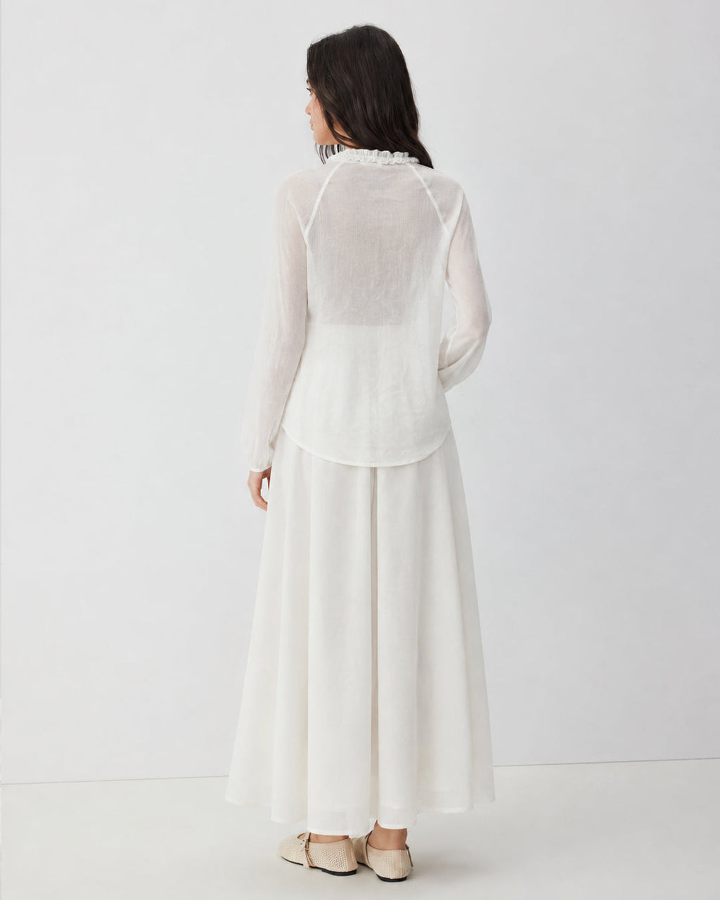 Ruffle Trim Button Front Full Sleeve Top and Maxi Skirt Co-ord Set in Jet White