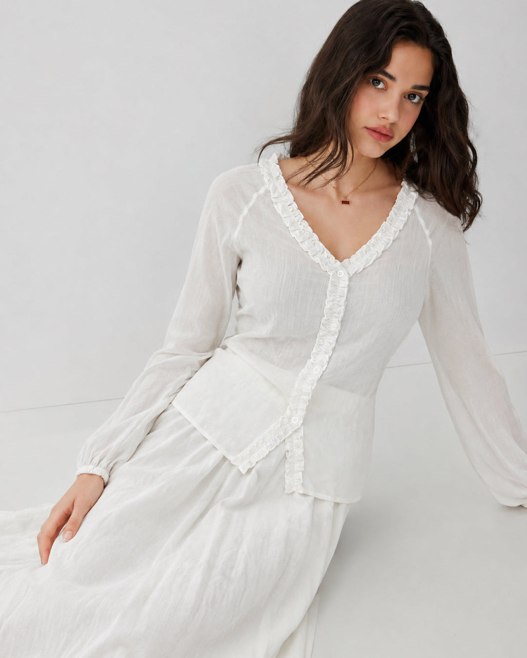 Ruffle Trim Button Front Full Sleeve Top and Maxi Skirt Co-ord Set in Jet White