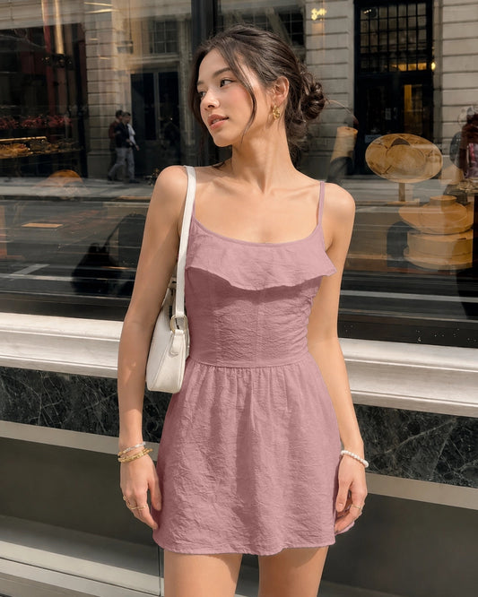 Bonus Cloth's Ruffle Trim Square Neck Mini Dress in Dusty Pink