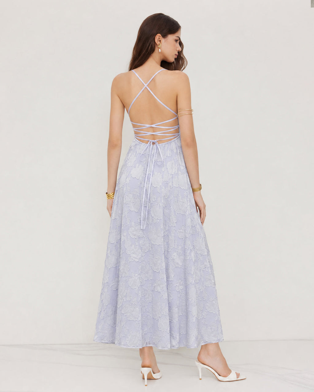 Floral Textured Cross Back Midi Dress in Lilac