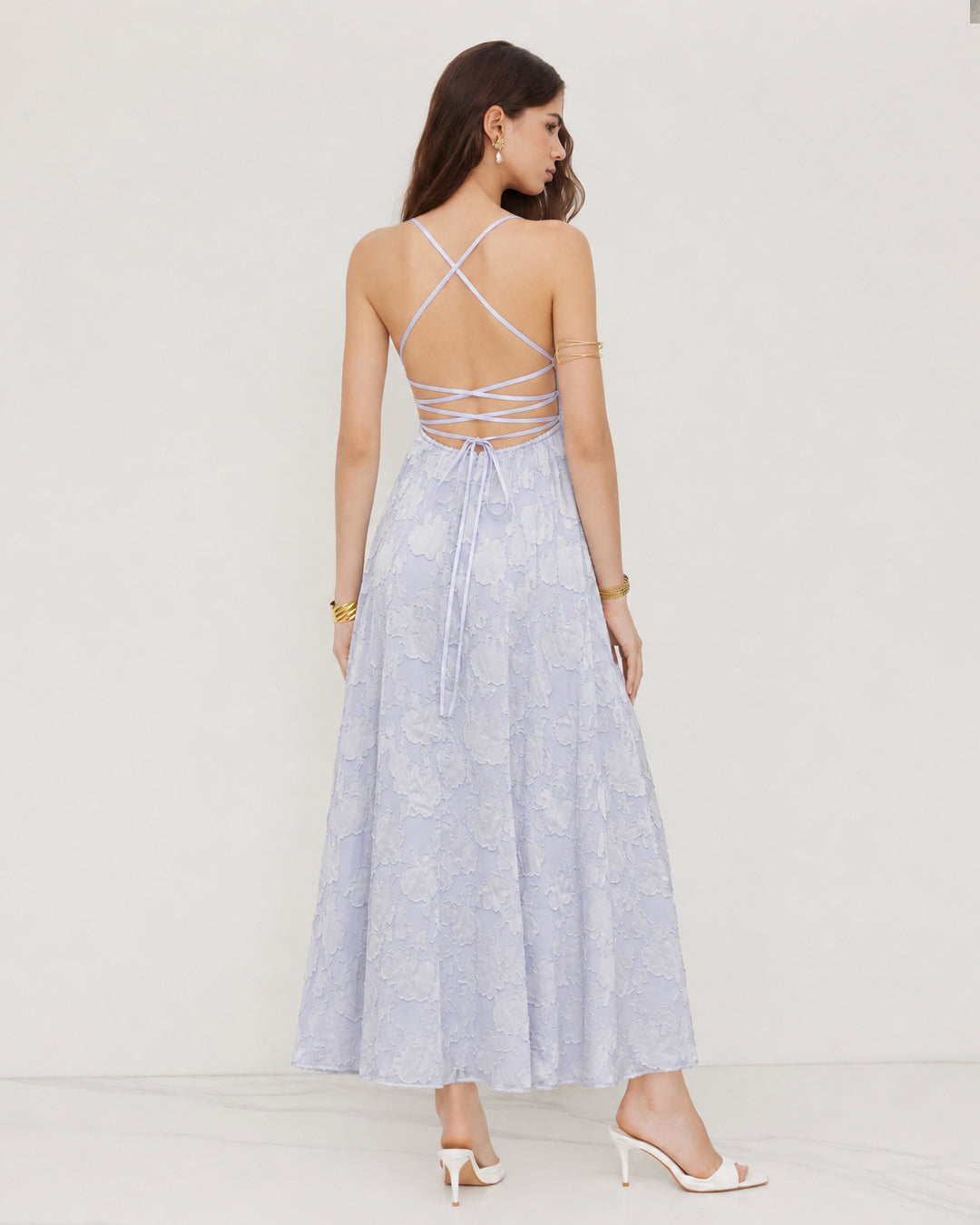 Floral Textured Cross Back Midi Dress in Lilac
