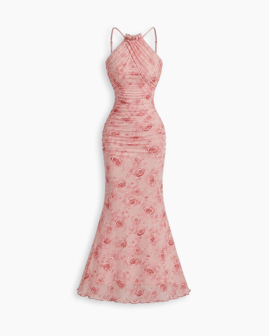 Halter Neck Fish Tail Hem Long Floral Dress in Baby Pink
