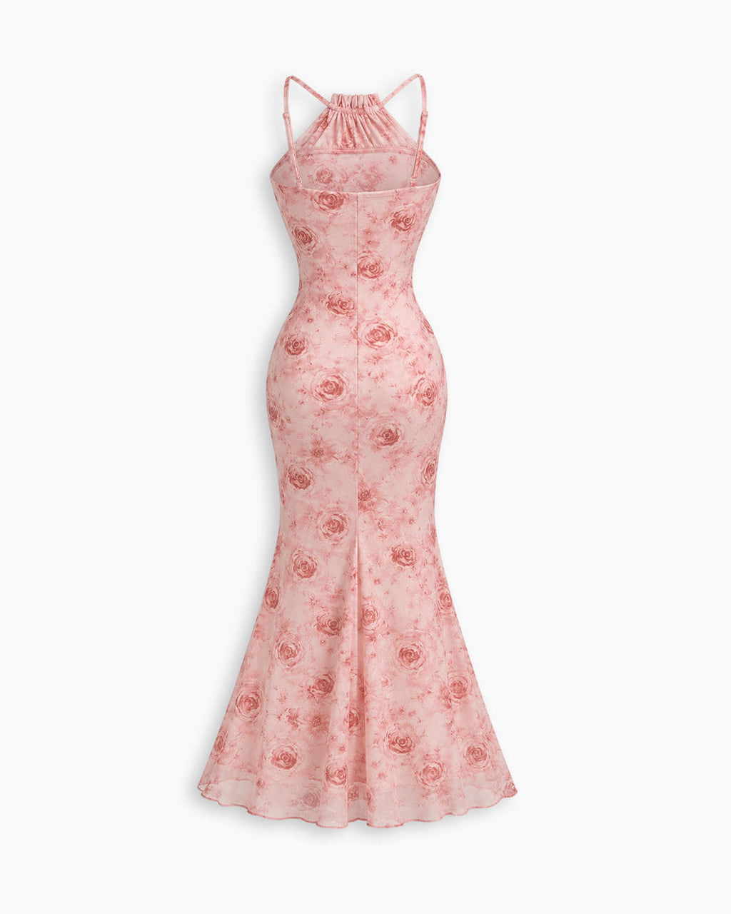 Halter Neck Fish Tail Hem Long Floral Dress in Baby Pink