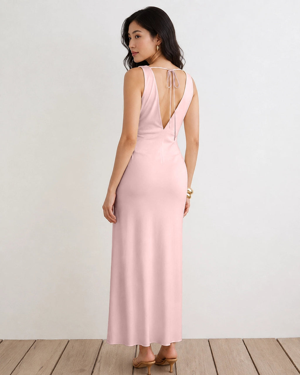 Fitted V Neck Long Dress in Pink