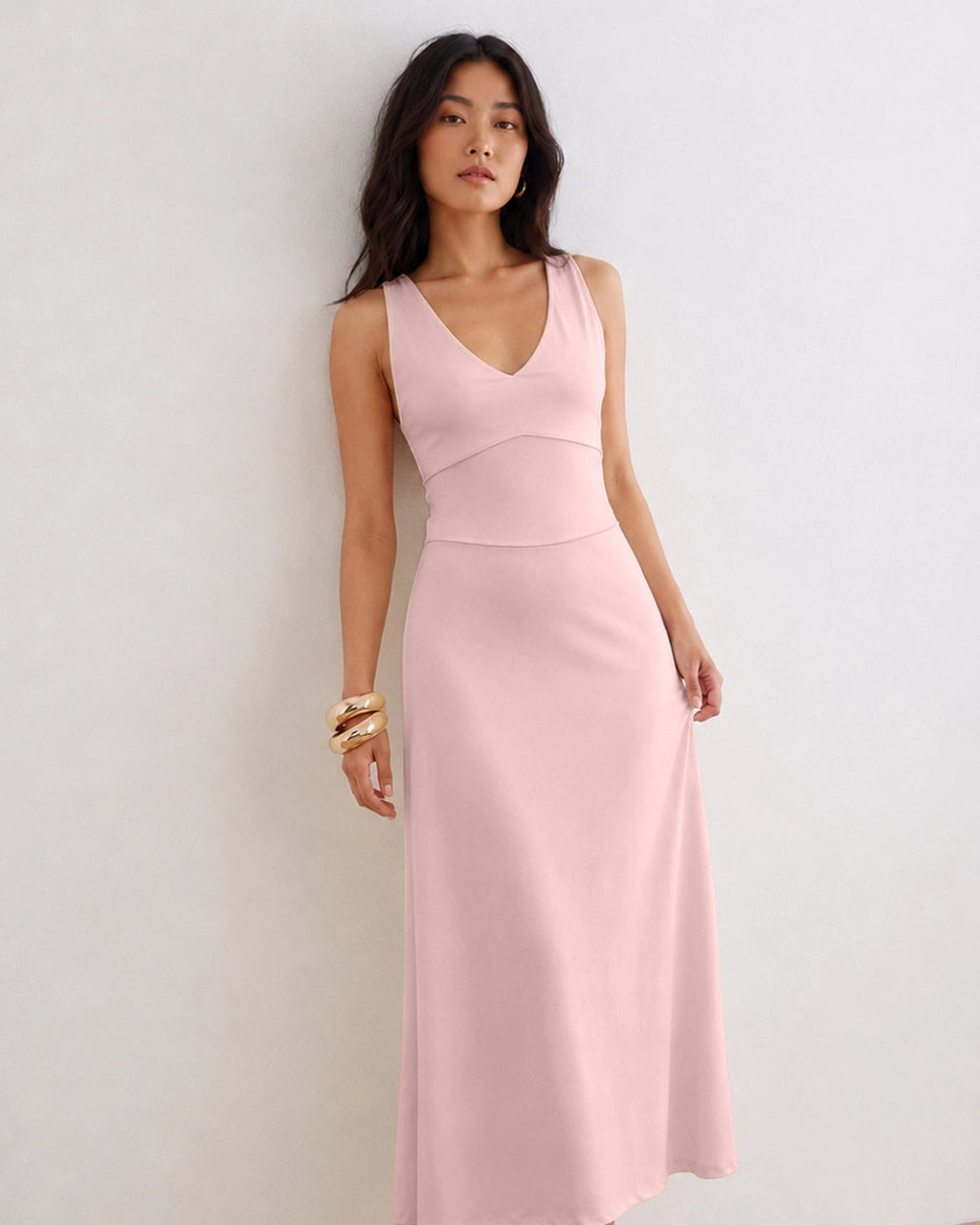 Fitted V Neck Long Dress in Pink
