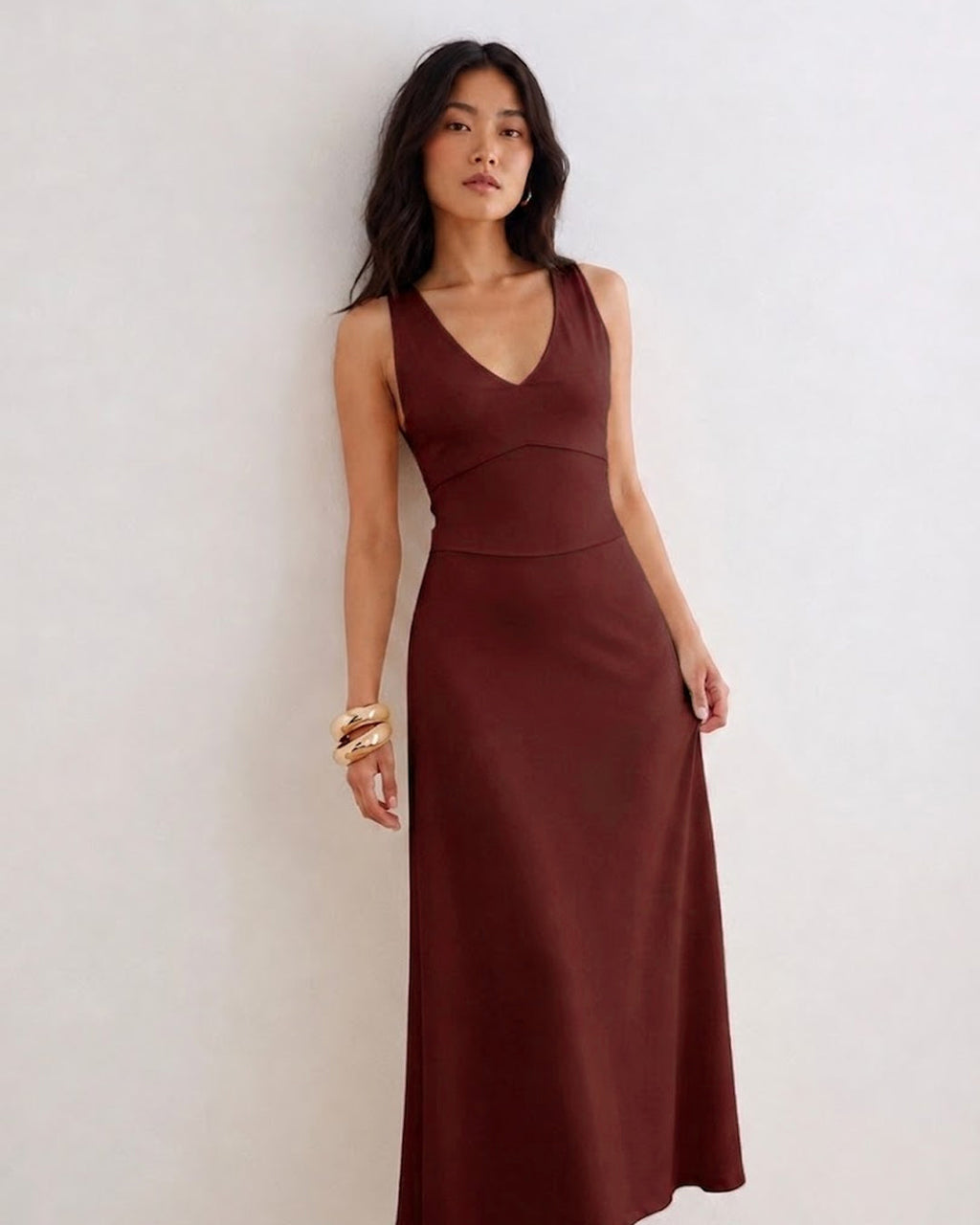 Fitted V Neck Long Dress in Burgundy