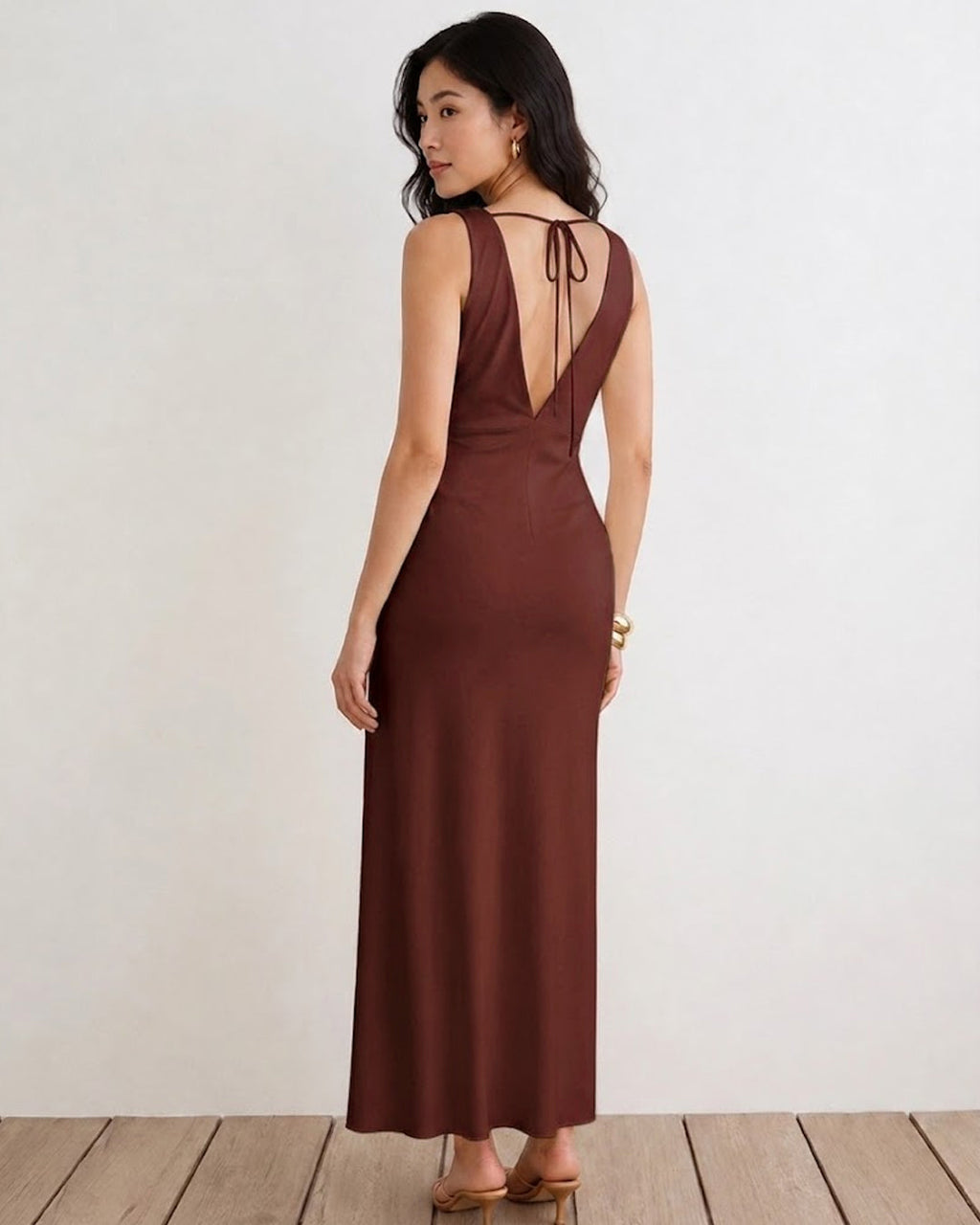 Fitted V Neck Long Dress in Burgundy