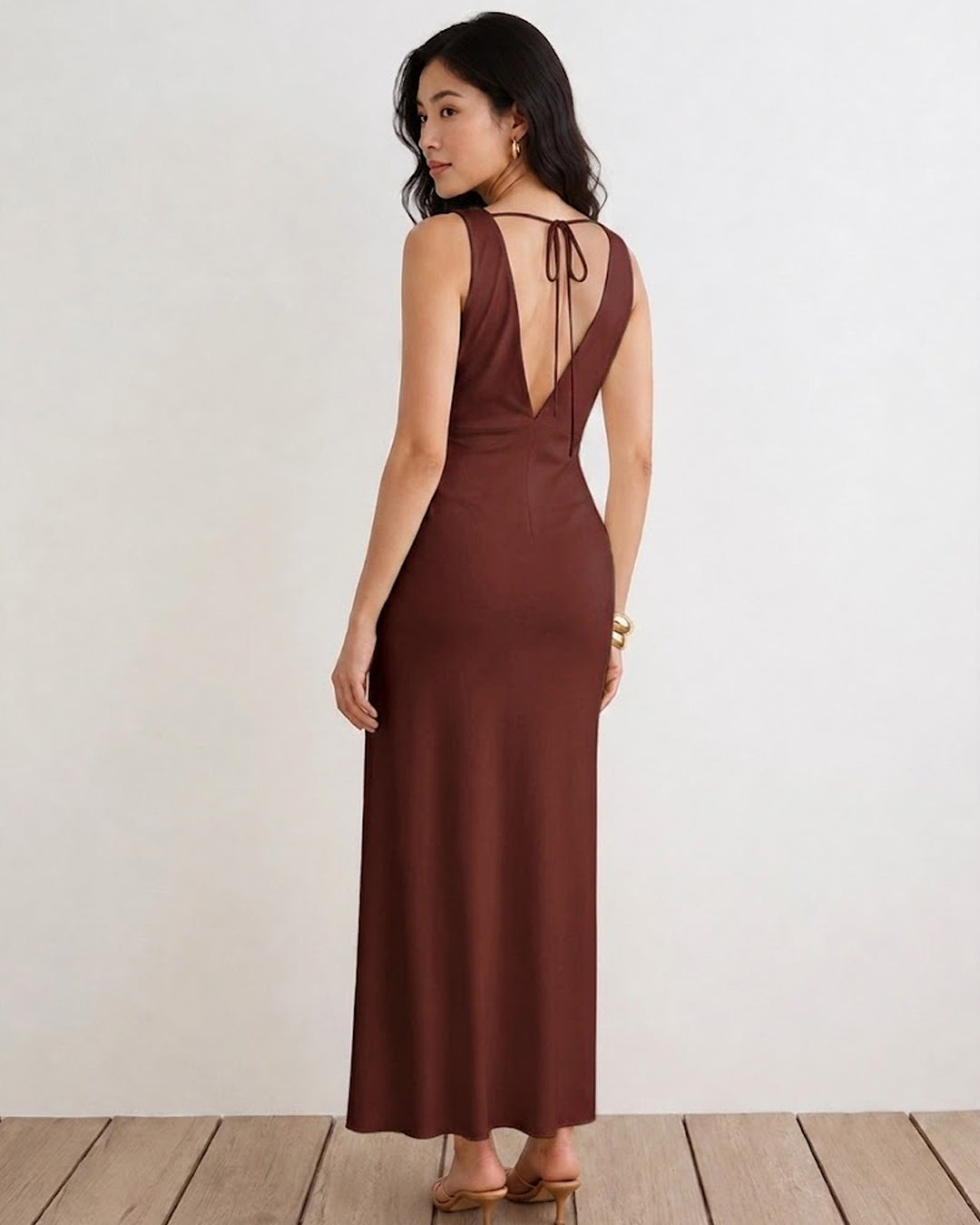 Fitted V Neck Long Dress in Burgundy
