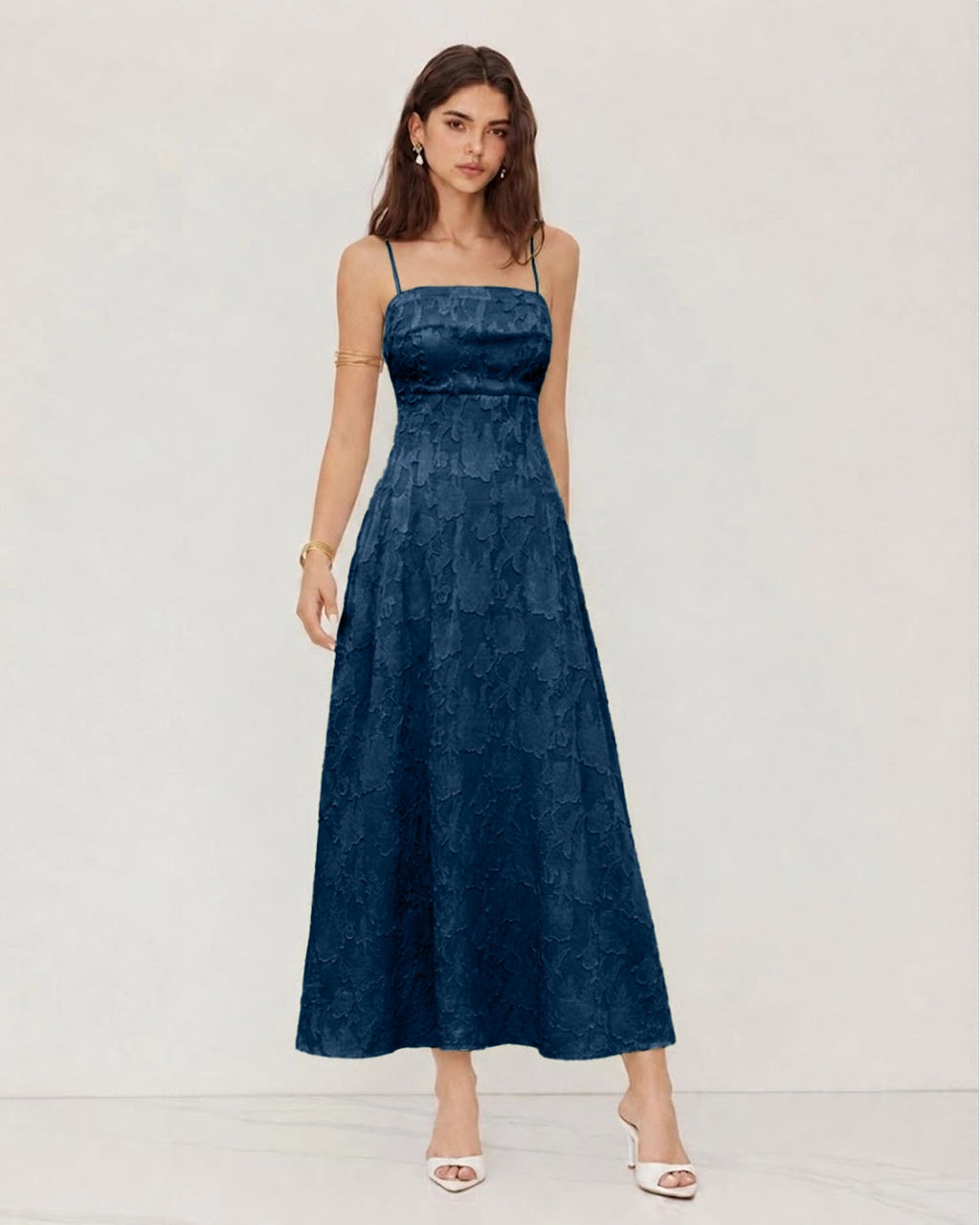 Floral Textured Cross Back Midi Dress in Navy Blue