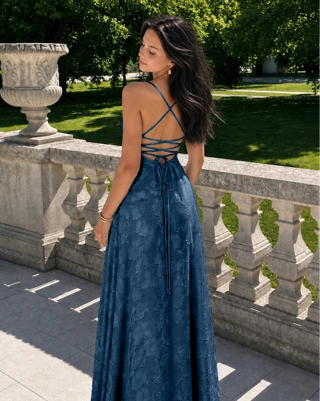 Floral Textured Cross Back Midi Dress in Navy Blue