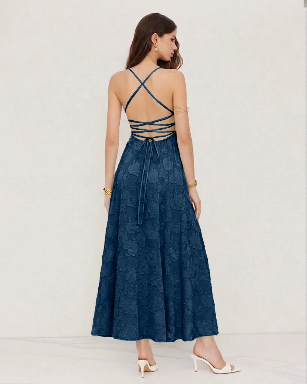 Floral Textured Cross Back Midi Dress in Navy Blue