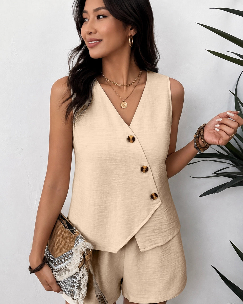 Tie Front Tank Top And Mini Shorts Two Piece Set in Cream