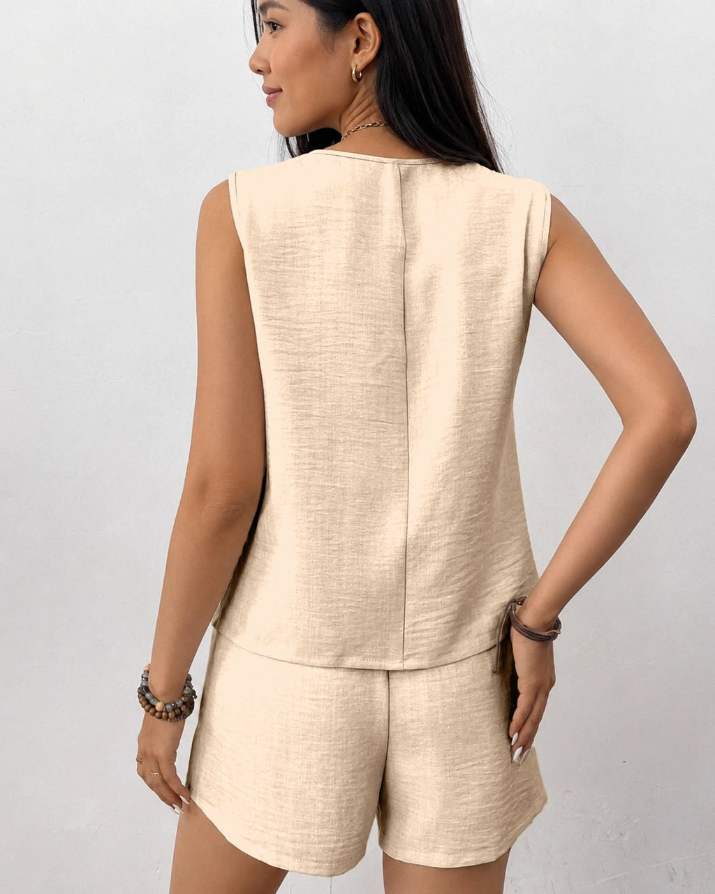 Tie Front Tank Top And Mini Shorts Two Piece Set in Cream