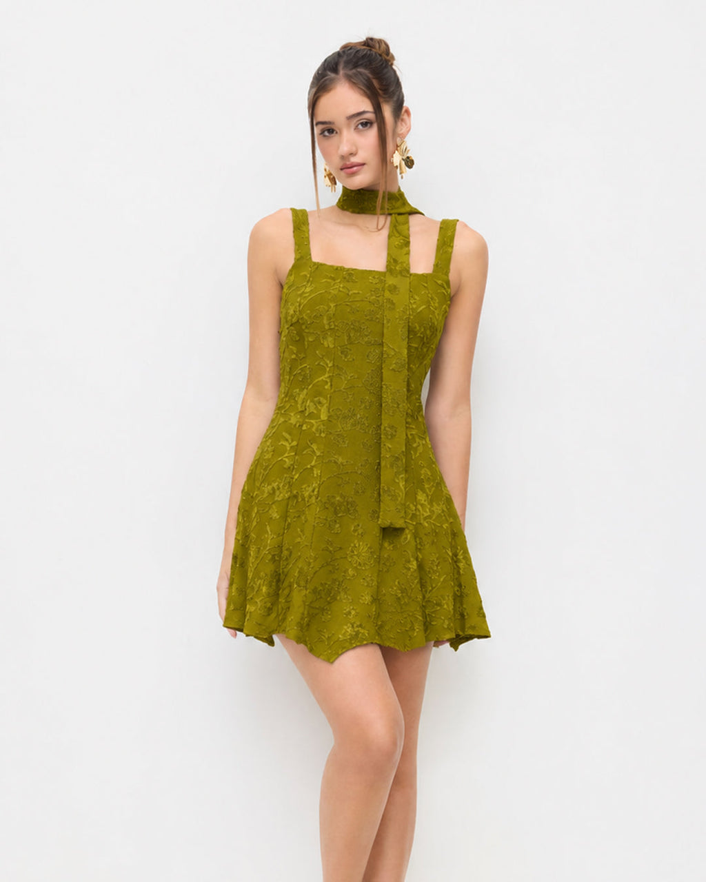 Floral Sleeveless Cami Dress with Scarf in Olive Green
