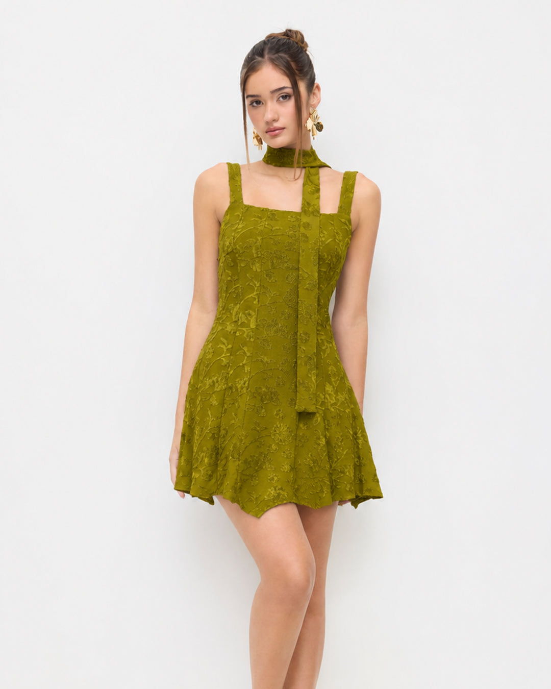 Floral Sleeveless Cami Dress with Scarf in Olive Green