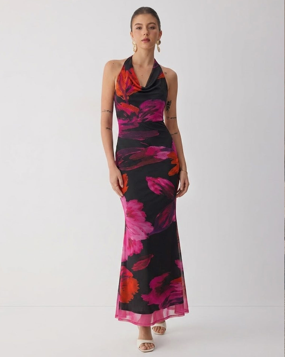 Floral Halter Neck Maxi Dress in Black