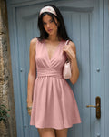 V Neck Wrap Waist Mini Dress in Dusty Pink