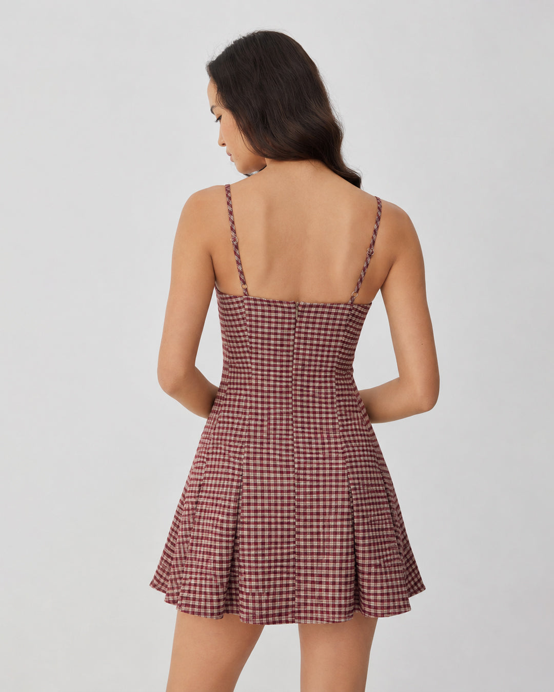 Gingham Square Neck Fit and Flare Mini Dress in Burgundy