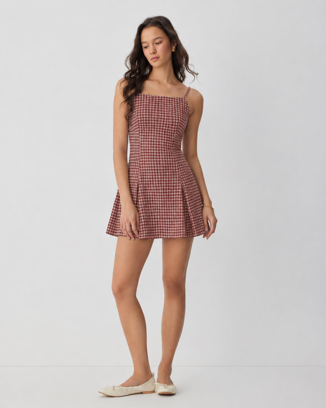 Gingham Square Neck Fit and Flare Mini Dress in Burgundy