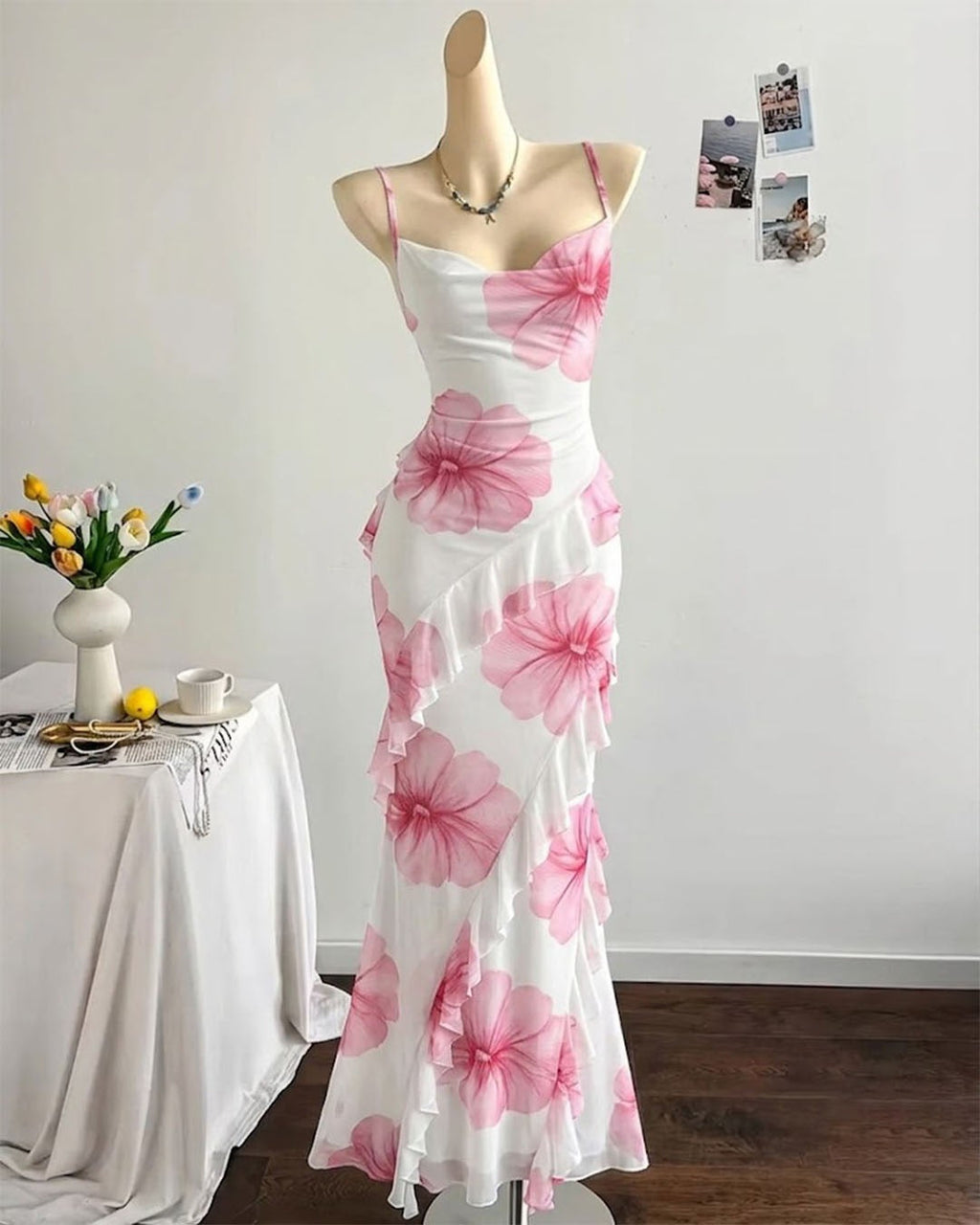 Floral Print Ruffle Trim Mermaid Maxi Dress in Classic White