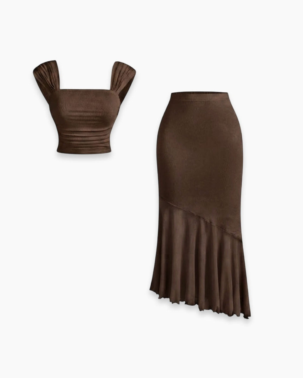 Ruched Crop Top & Asymmetric Hem Skirt Set in Chocolate Brown