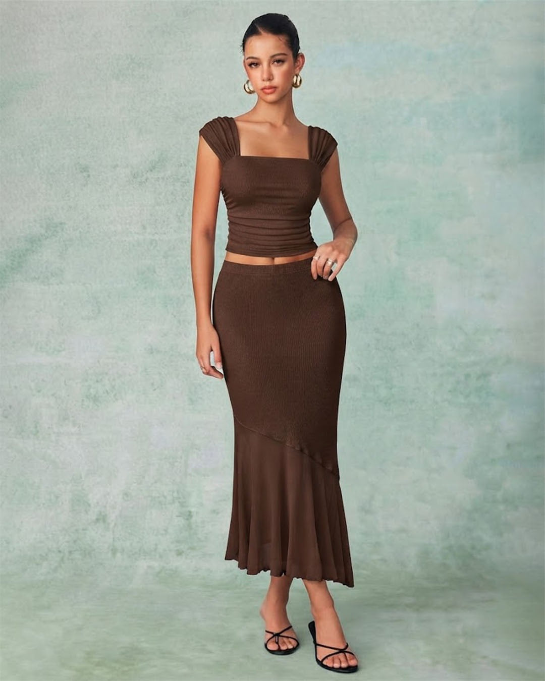 Ruched Crop Top & Asymmetric Hem Skirt Set in Chocolate Brown