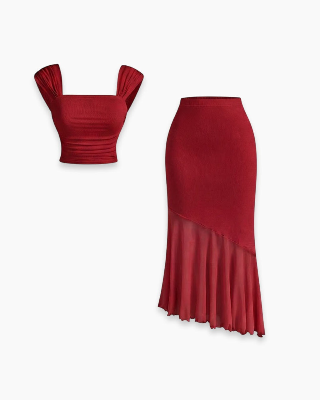Ruched Crop Top & Asymmetric Hem Skirt Set in Merlot