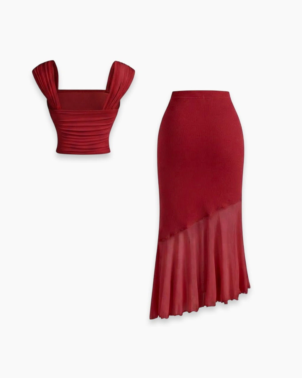 Ruched Crop Top & Asymmetric Hem Skirt Set in Merlot