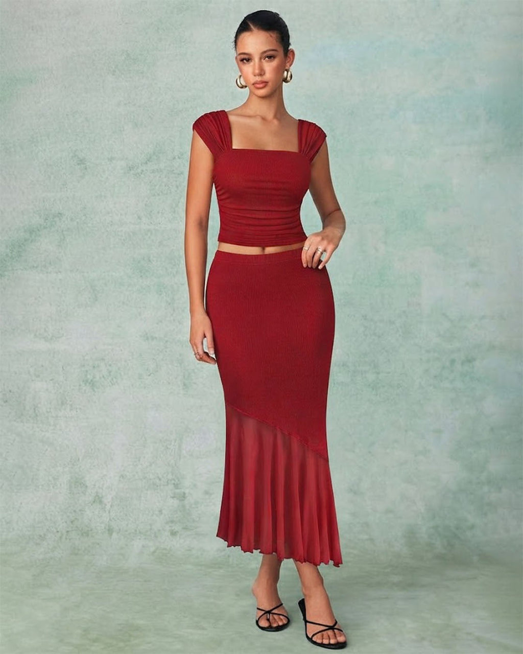 Ruched Crop Top & Asymmetric Hem Skirt Set in Merlot