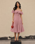 Off Shoulder Ruffle Tiered Midi Dress in Dusty Pink