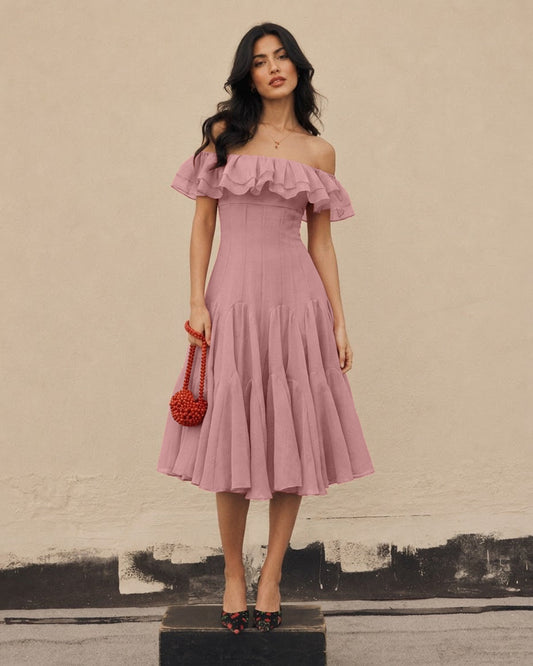 Bonus Cloth's Off Shoulder Ruffle Tiered Midi Dress in Dusty Pink