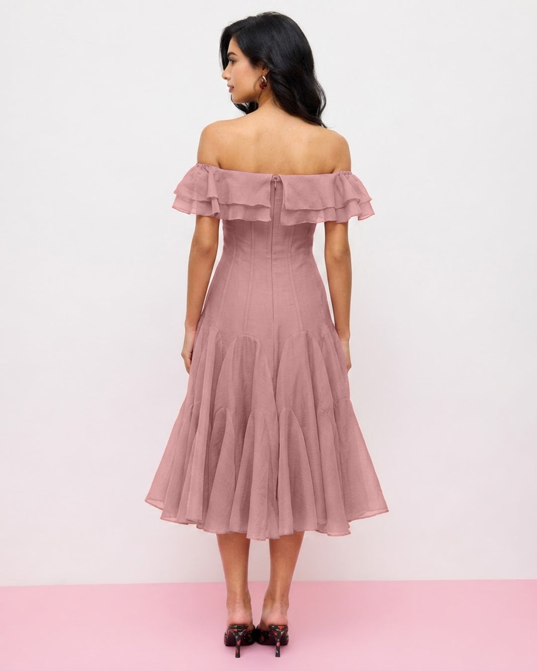 Off Shoulder Ruffle Tiered Midi Dress in Dusty Pink