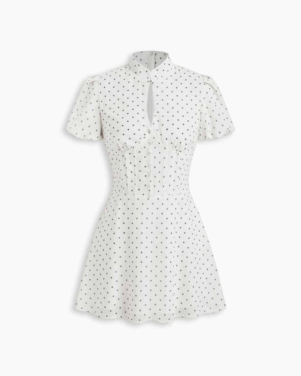 Polka Dot High Neck Puff Sleeve Ruched Mini Dress in Classic White