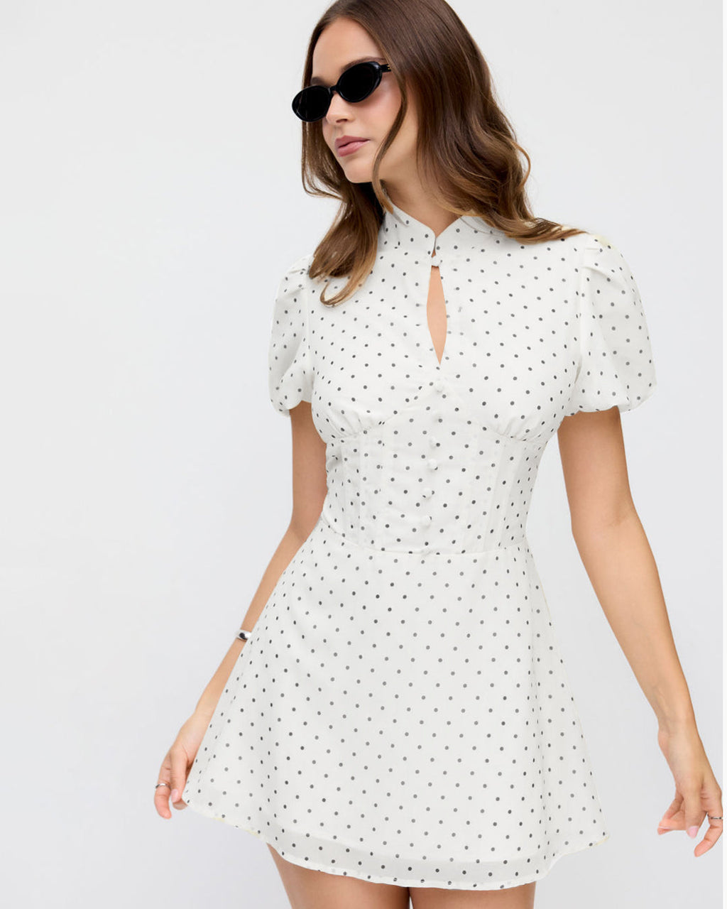 Polka Dot High Neck Puff Sleeve Ruched Mini Dress in Classic White