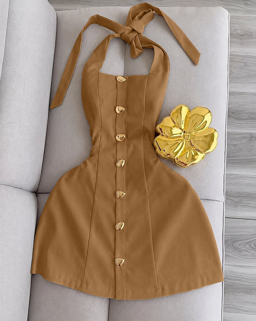 Button Detail Halter Fitted Mini Dress in Rust Brown