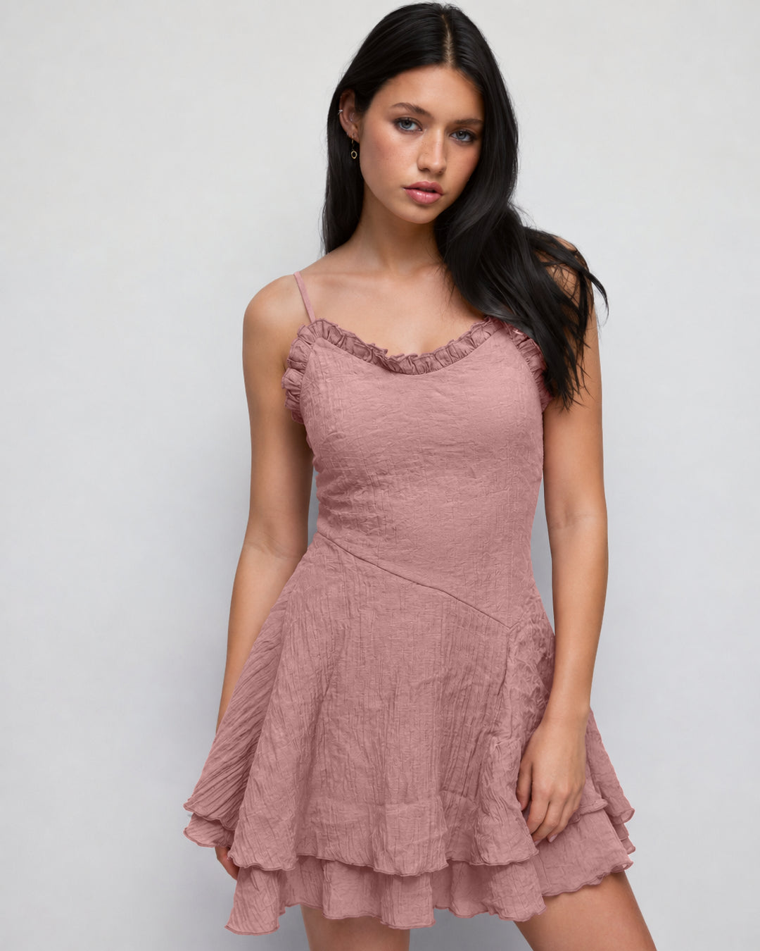 Ruffle Trim Spaghetti Strap Tiered Mini Dress in Dusty Pink