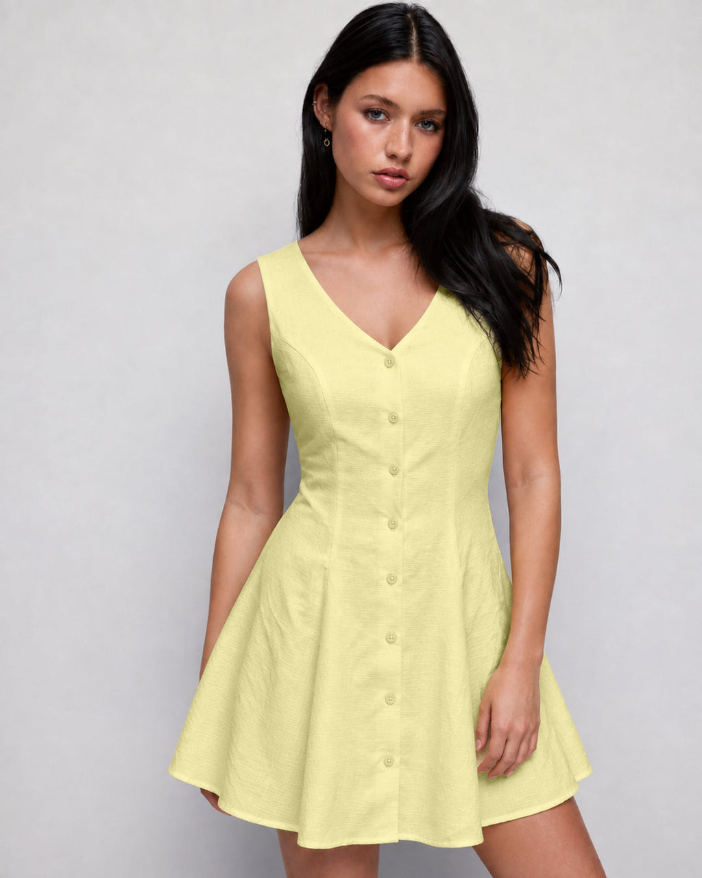 V Neck Button Front Flared Mini Dress in Vanilla