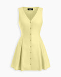 V Neck Button Front Flared Mini Dress in Vanilla