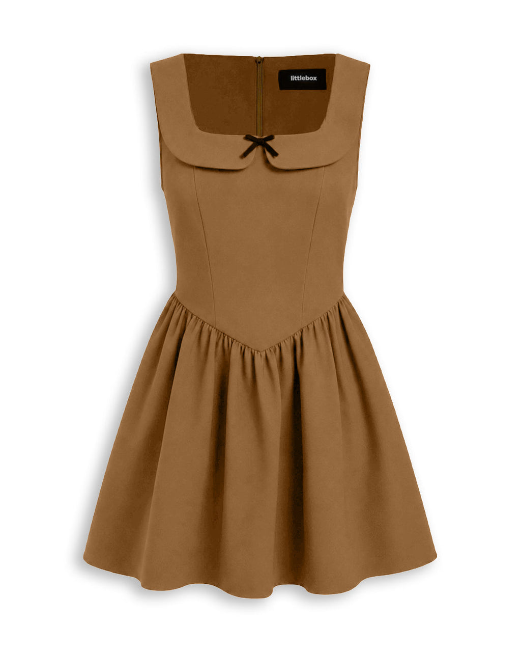 Square Neck Peter Pan Collar Bow Detail Mini Dress in Caramel Brown