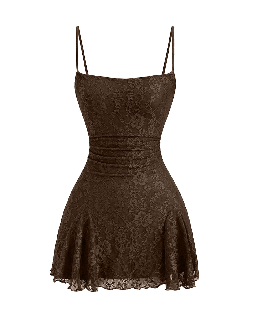 Floral Textured Spaghetti Bodycon Mini Dress in Chocolate Brown