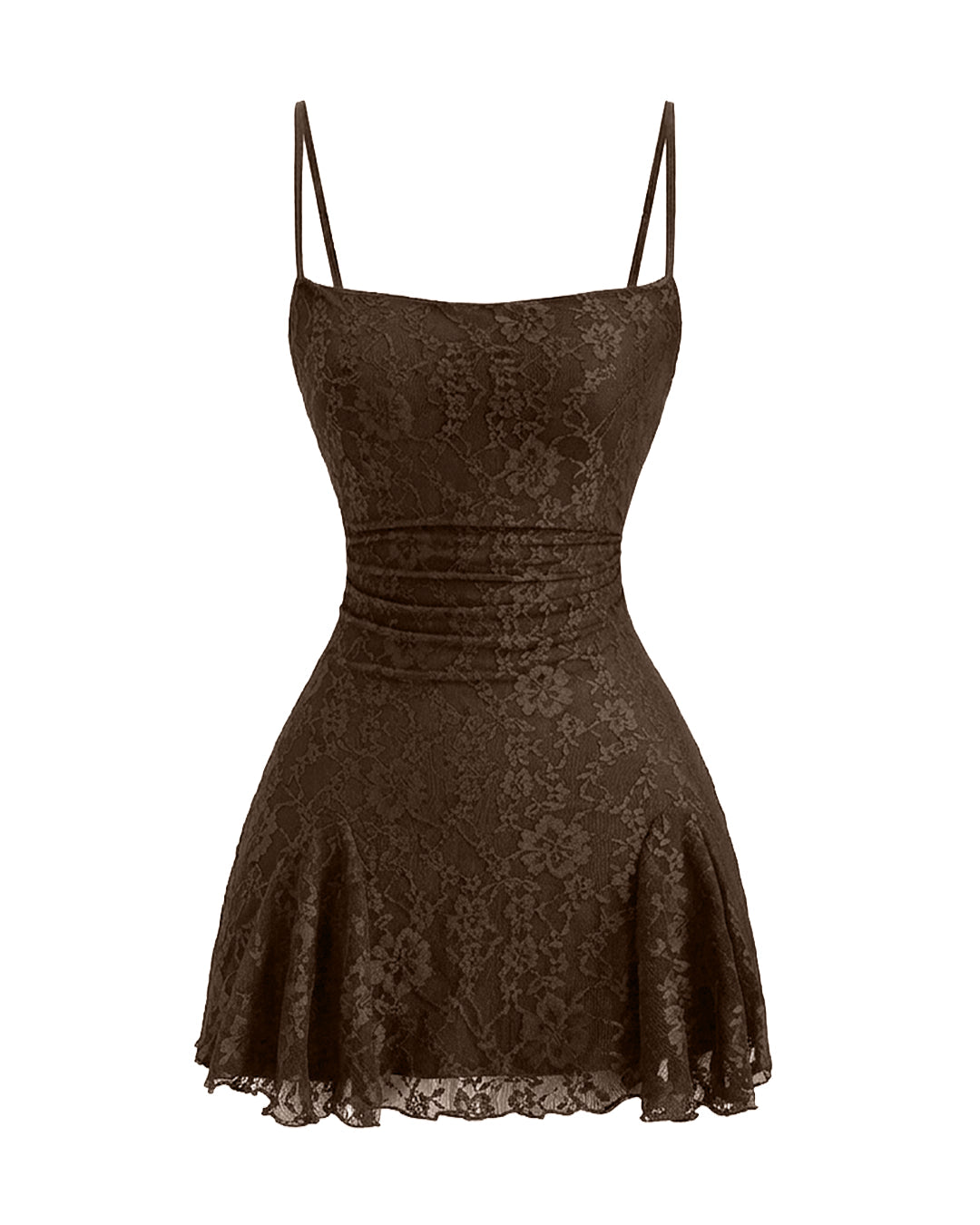 Floral Textured Spaghetti Bodycon Mini Dress in Chocolate Brown