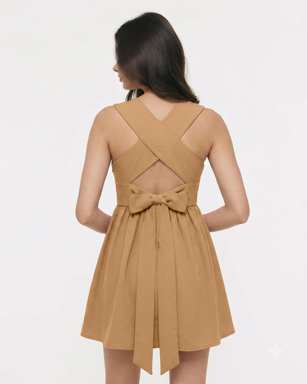 V Neck Wrap Waist Mini Dress in Tan Brown