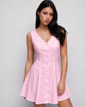 V Neck Button Front Flared Mini Dress in Pink