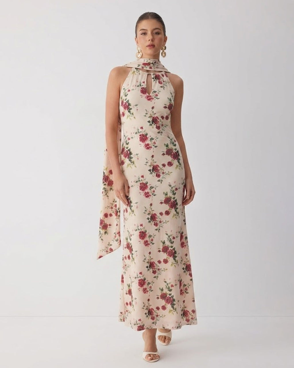 Floral Halter Neck Tie Back Midi Dress in Warm Beige