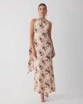Floral Halter Neck Tie Back Midi Dress in Warm Beige