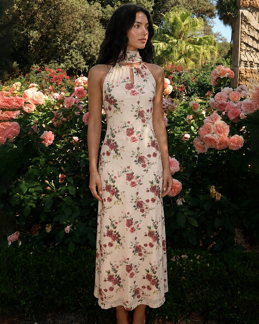 Floral Halter Neck Tie Back Midi Dress in Warm Beige